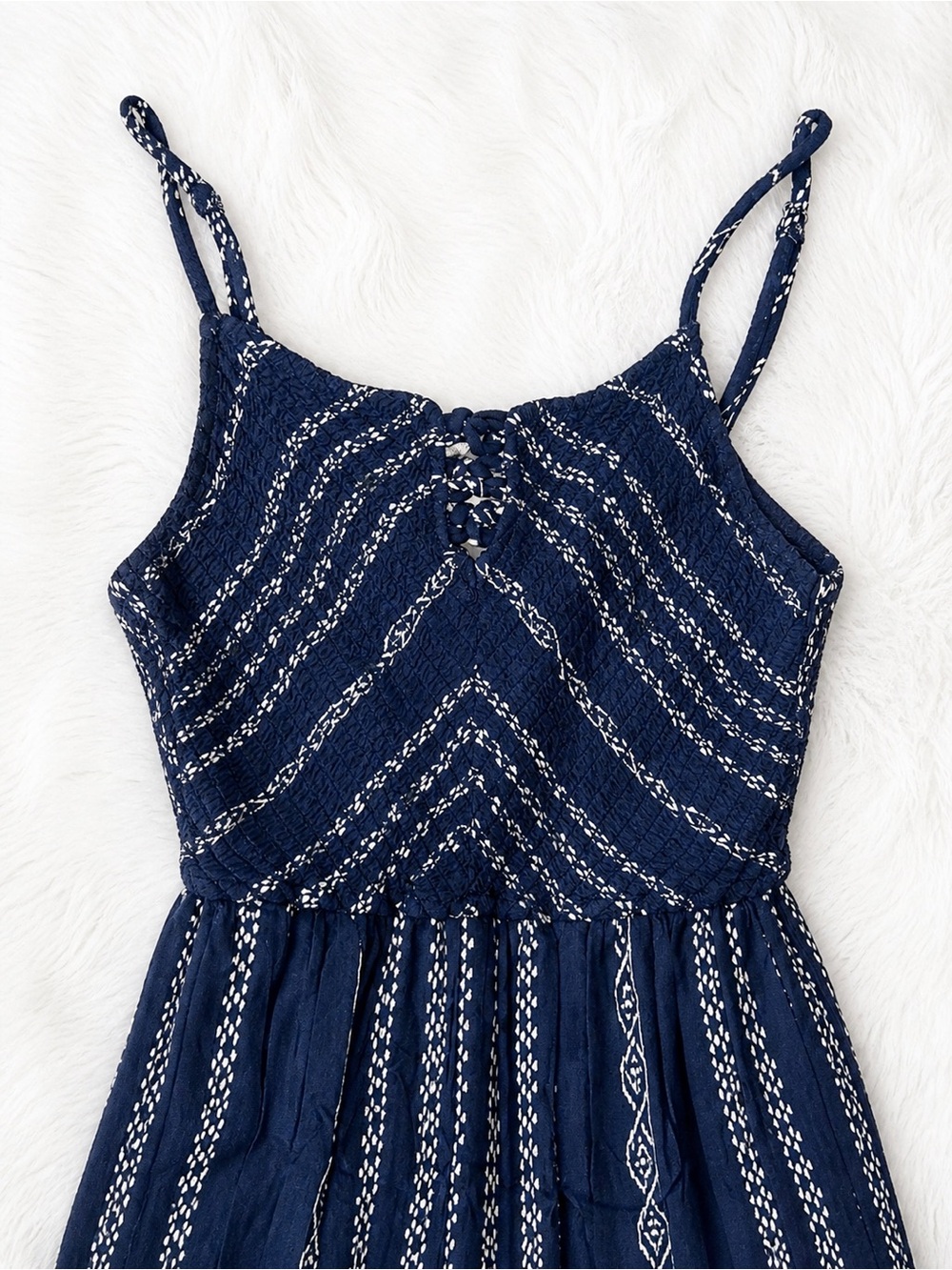 Sincerely Jules Navy Boho Wide Leg Jumpsuit Small | Smocked Tie Front Strappy - Picture 2 of 4